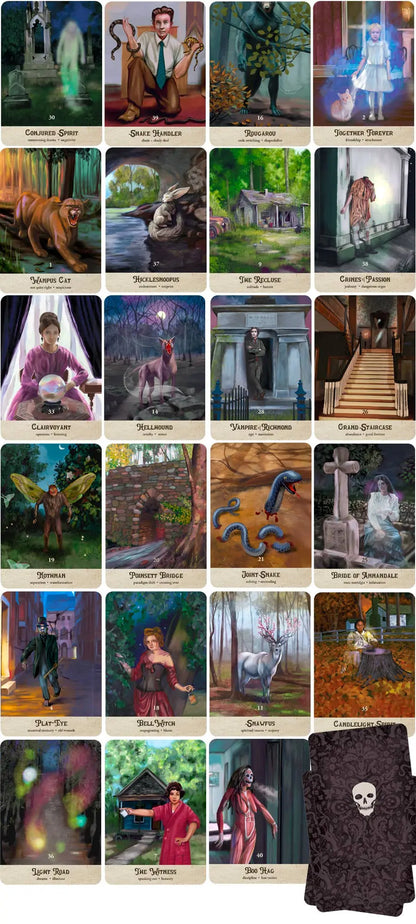 Collection of tarot cards with various illustrations and a black leather-bound book on a white background.