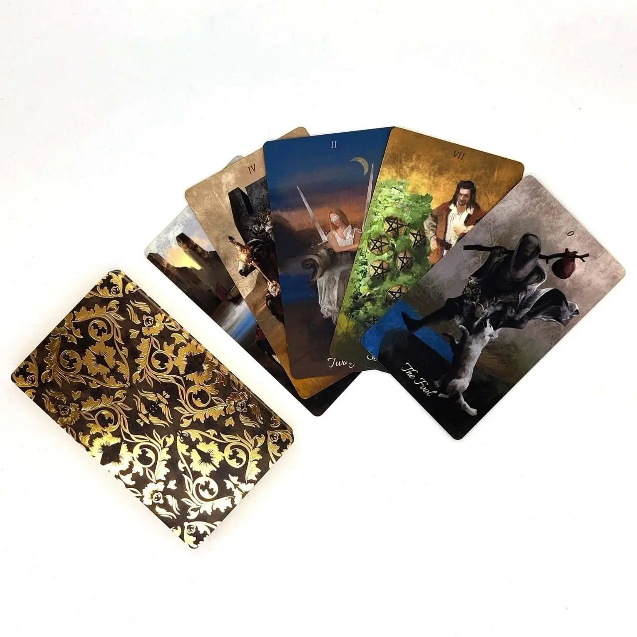 Set of playing cards with various designs on a white background Baroque tarot by La Muci