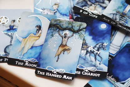 The Blue Tarot UK Exclusive Edition featuring cyanotype-inspired artwork by Kateryna and two exclusive UK alternate cards including The Hermit and The Magician.