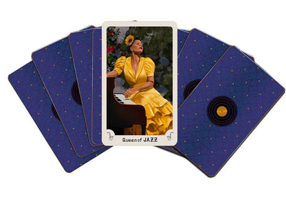 tarot cards with a 'Queen of Jazz' card featuring a woman in a yellow dress on a blue card background.