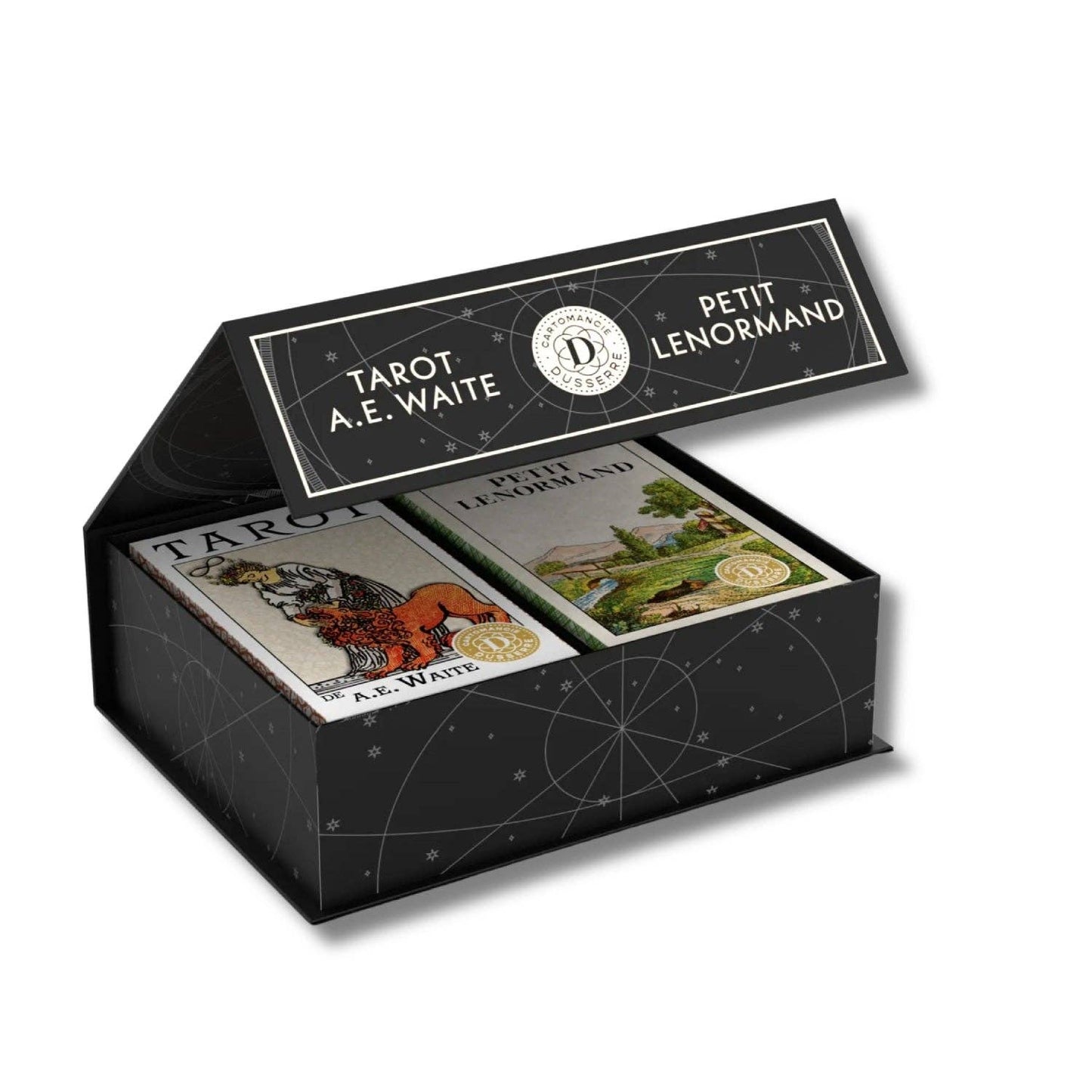 Card game packaging with 'Tarot A.E. Waite' and 'Petit Lenormand' on a white background