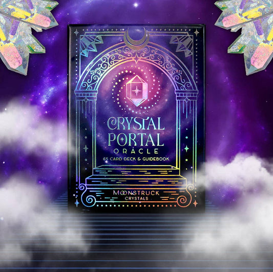 Crystal Portal Oracle deck with holographic foil and crystal themed artwork indie oracle UK