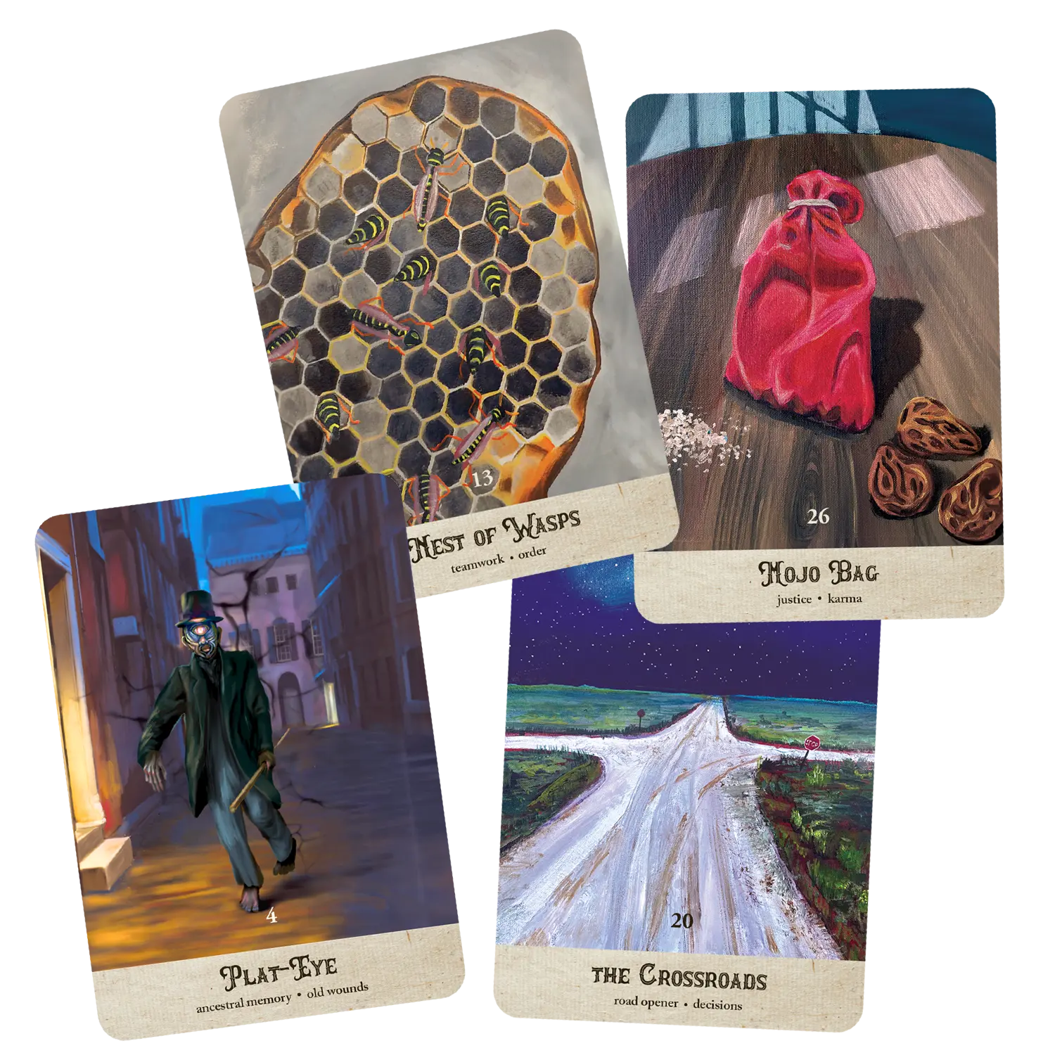 Four tarot cards with various designs and text on a white background