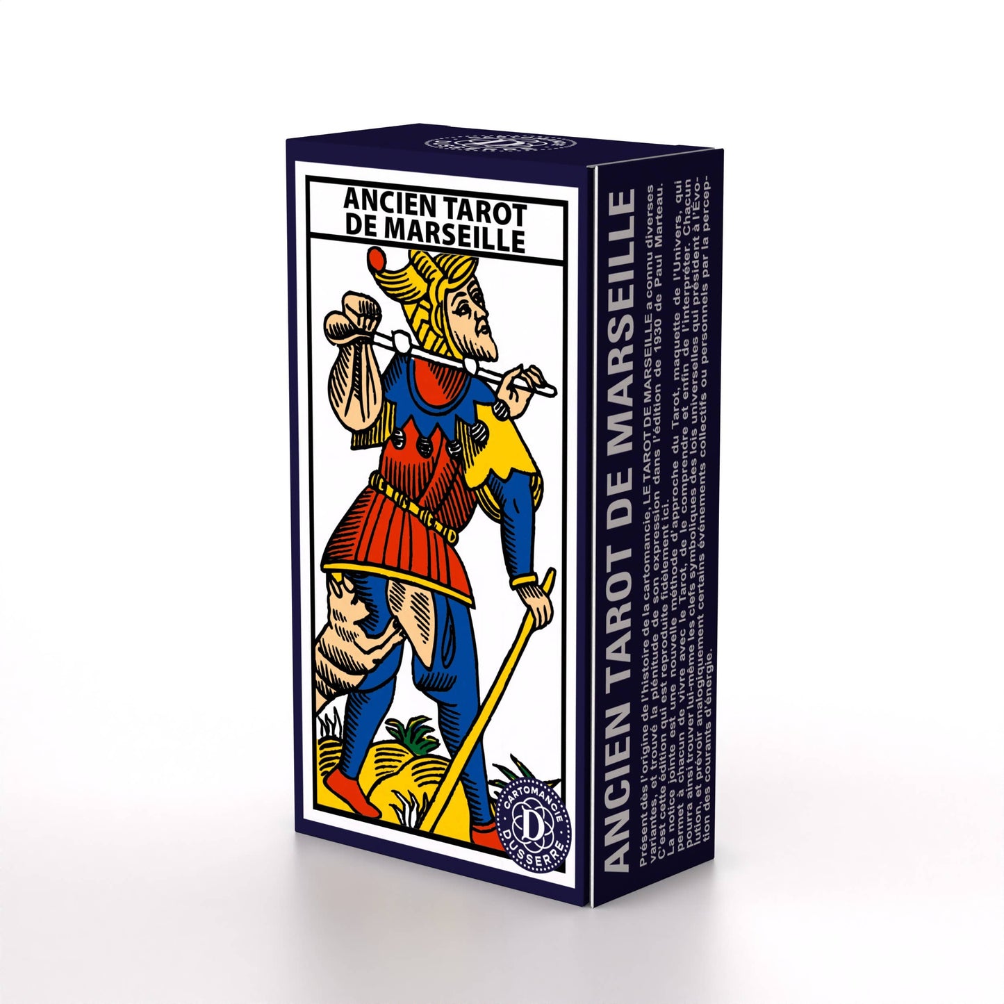 Box of Ancien Tarot de Marseille tarot cards with a character illustration on a white background
