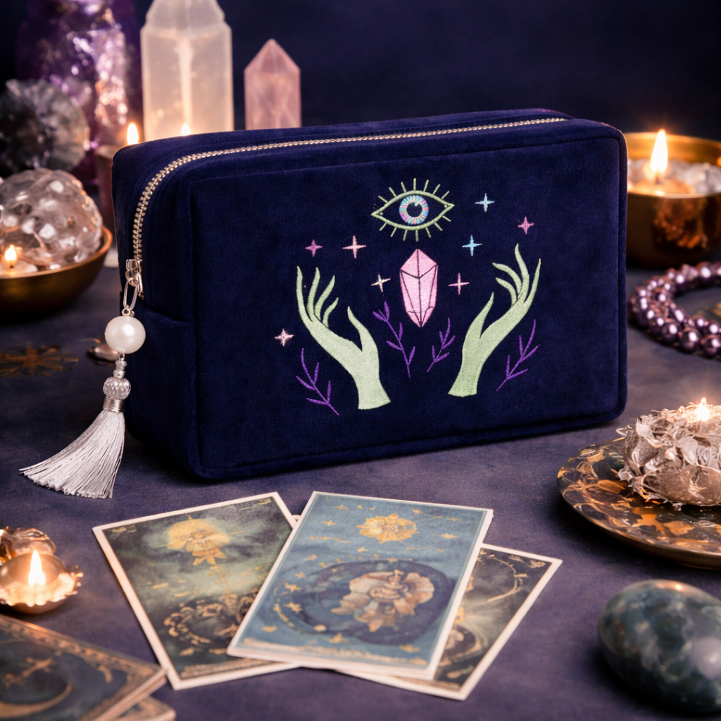 Mystical velvet zip pouch with embroidered eye, crystal, and botanical hands design, finished with a pearl and tassel zipper charm — ideal for tarot decks and crystals.