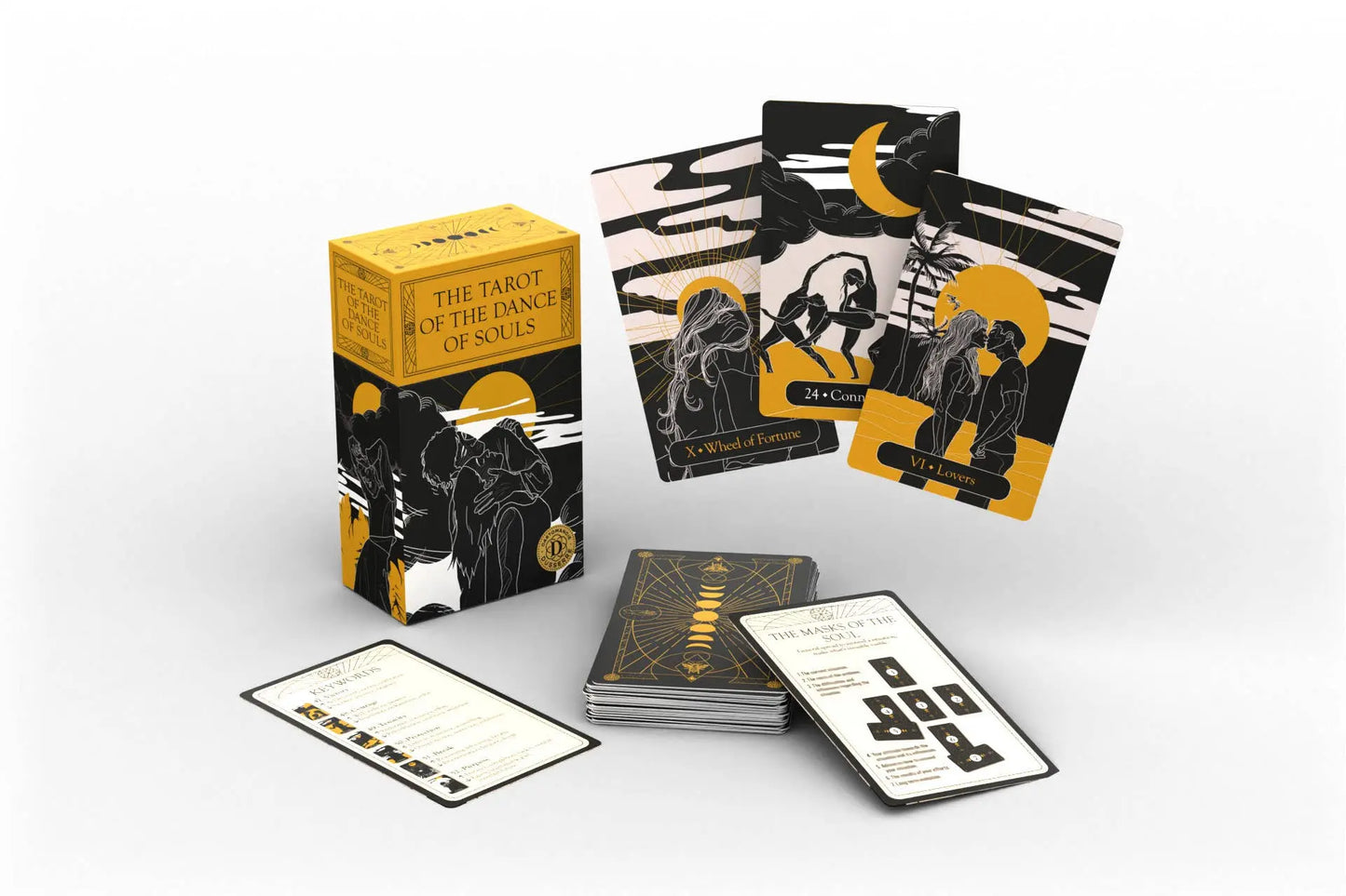 Card game packaging with cards and box on a white background