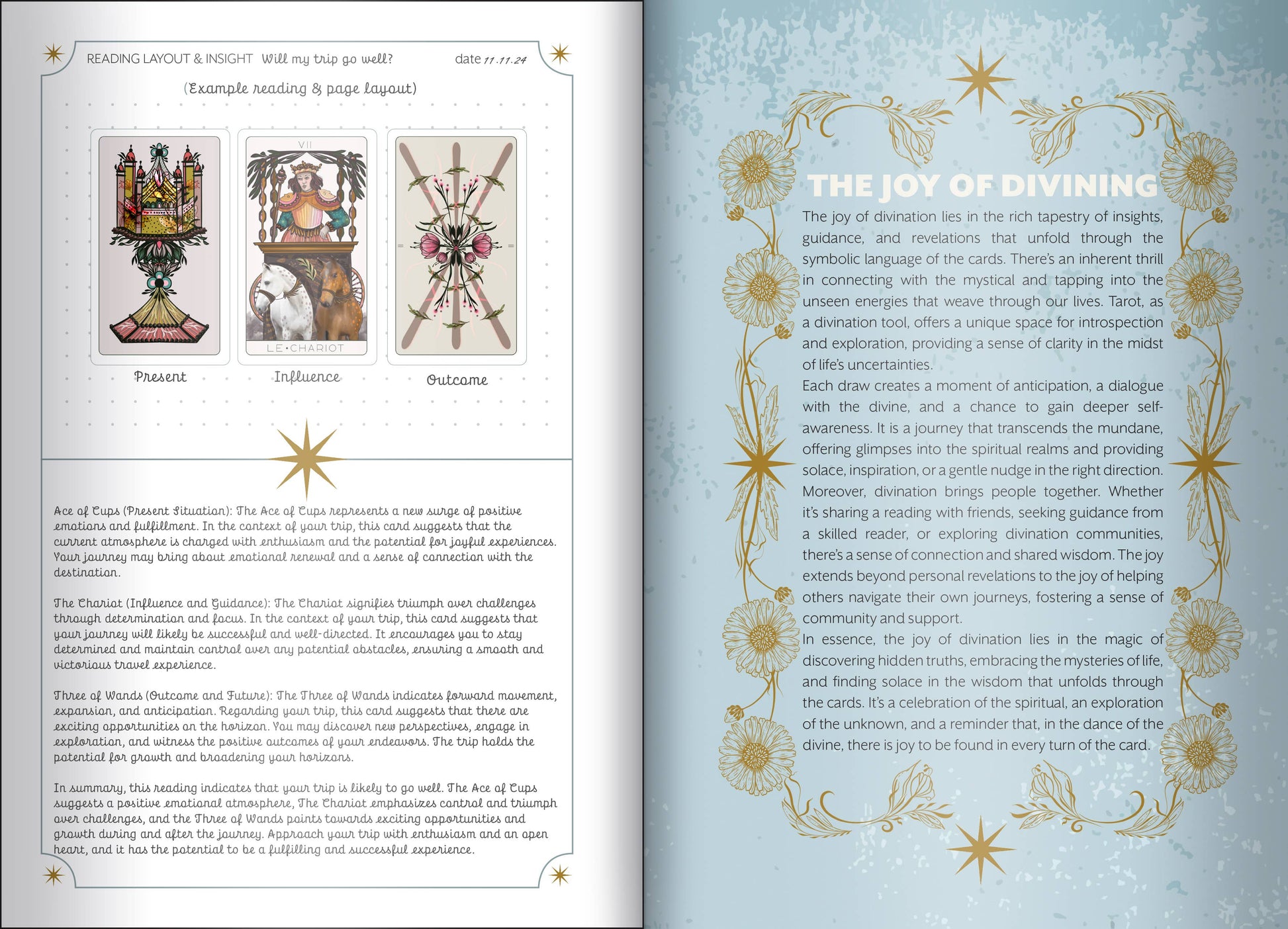 Open book with tarot card illustrations and descriptive text on a light blue background