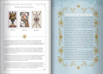 Open book with tarot card illustrations and descriptive text on a light blue background