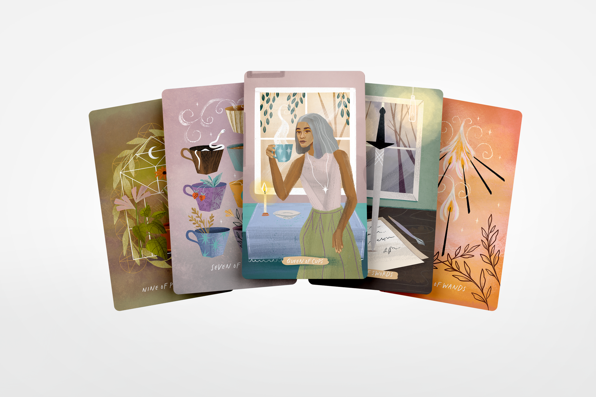 Set of tarot cards with colorful illustrations on a white background