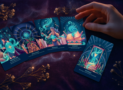 Hand holding tarot cards with mystical designs on a dark background