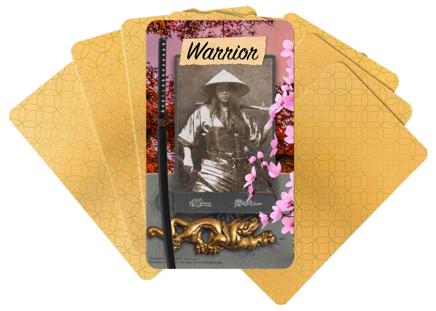 Playing cards with a 'Warrior' card featuring an illustration of a person in traditional attire and decorative elements.