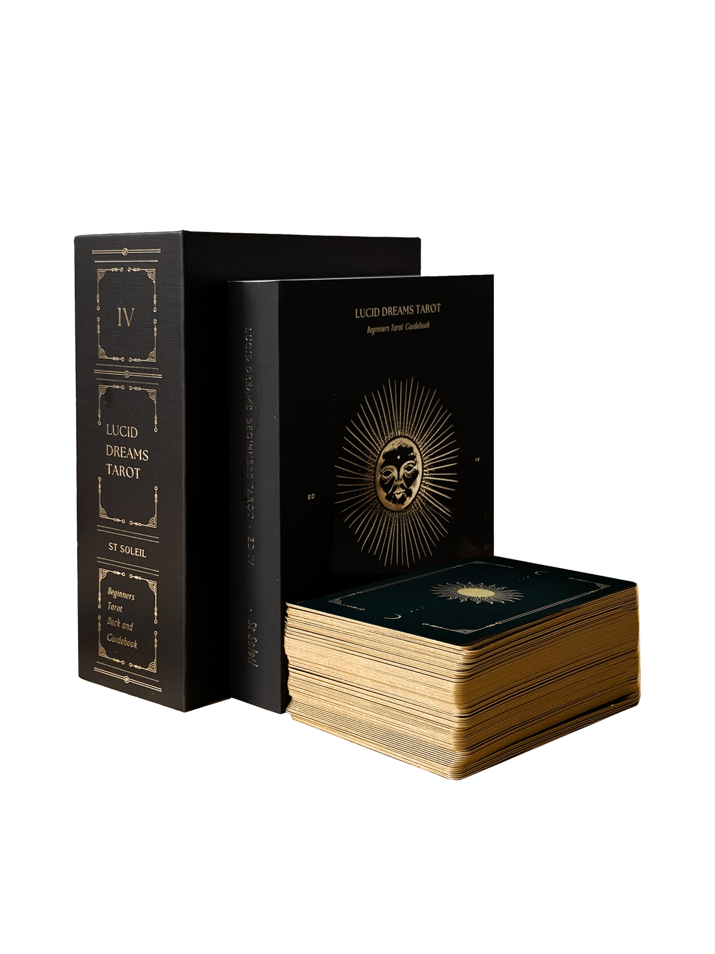 Lucid Dreams Beginner's Tarot Black Eclipse Edition IV by ST. SOLEIL featuring matte black cards with gold foil details, premium linen finish and magnetic keepsake box.