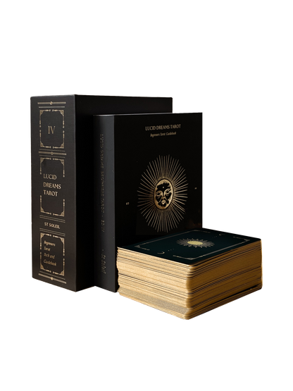 Lucid Dreams Beginner's Tarot Black Eclipse Edition IV by ST. SOLEIL featuring matte black cards with gold foil details, premium linen finish and magnetic keepsake box.
