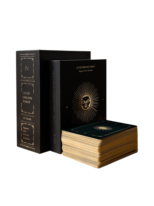 Lucid Dreams Beginner's Tarot Black Eclipse Edition IV by ST. SOLEIL featuring matte black cards with gold foil details, premium linen finish and magnetic keepsake box.