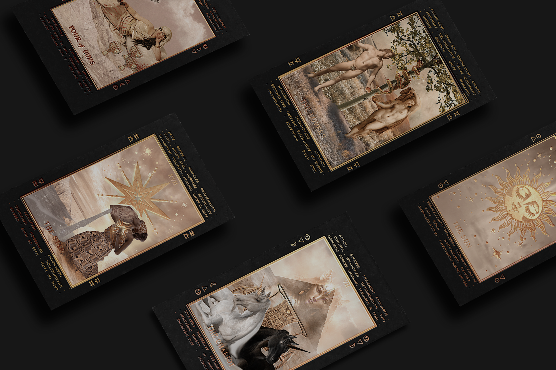 Five tarot-style cards with ornate sepia illustrations and black borders arranged on a dark background.