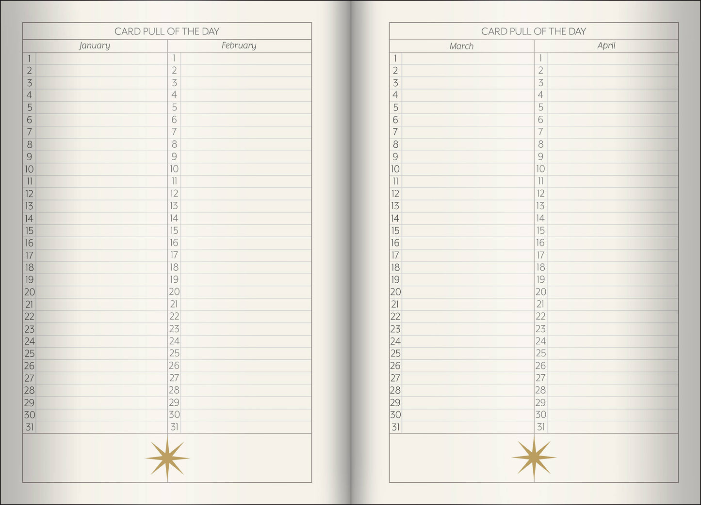 Two calendar pages showing 'Card Pull of the Day' for January and March with decorative stars.