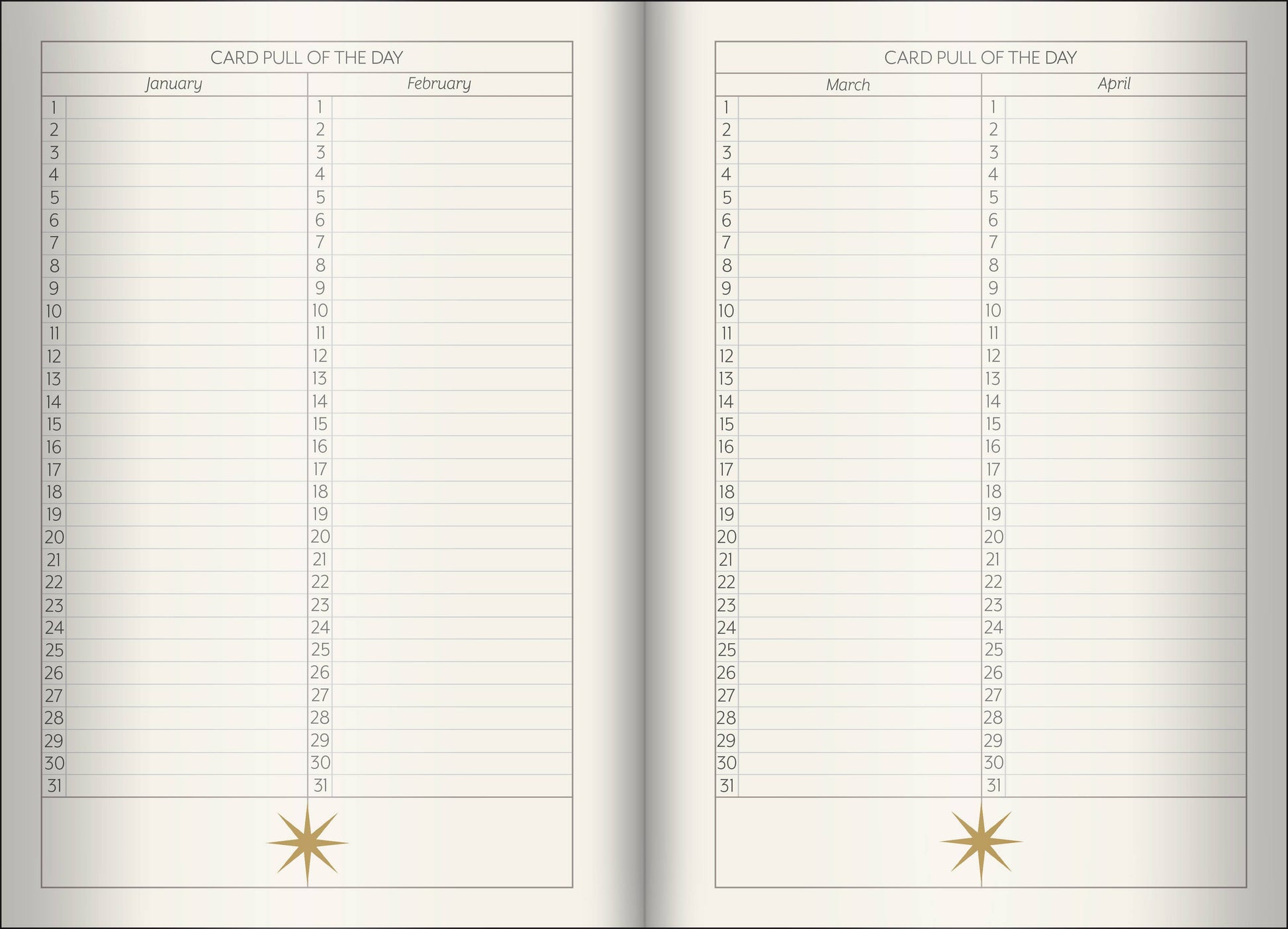 Two calendar pages showing 'Card Pull of the Day' for January and March with decorative stars.