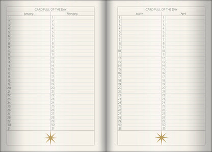 Two calendar pages showing 'Card Pull of the Day' for January and March with decorative stars.