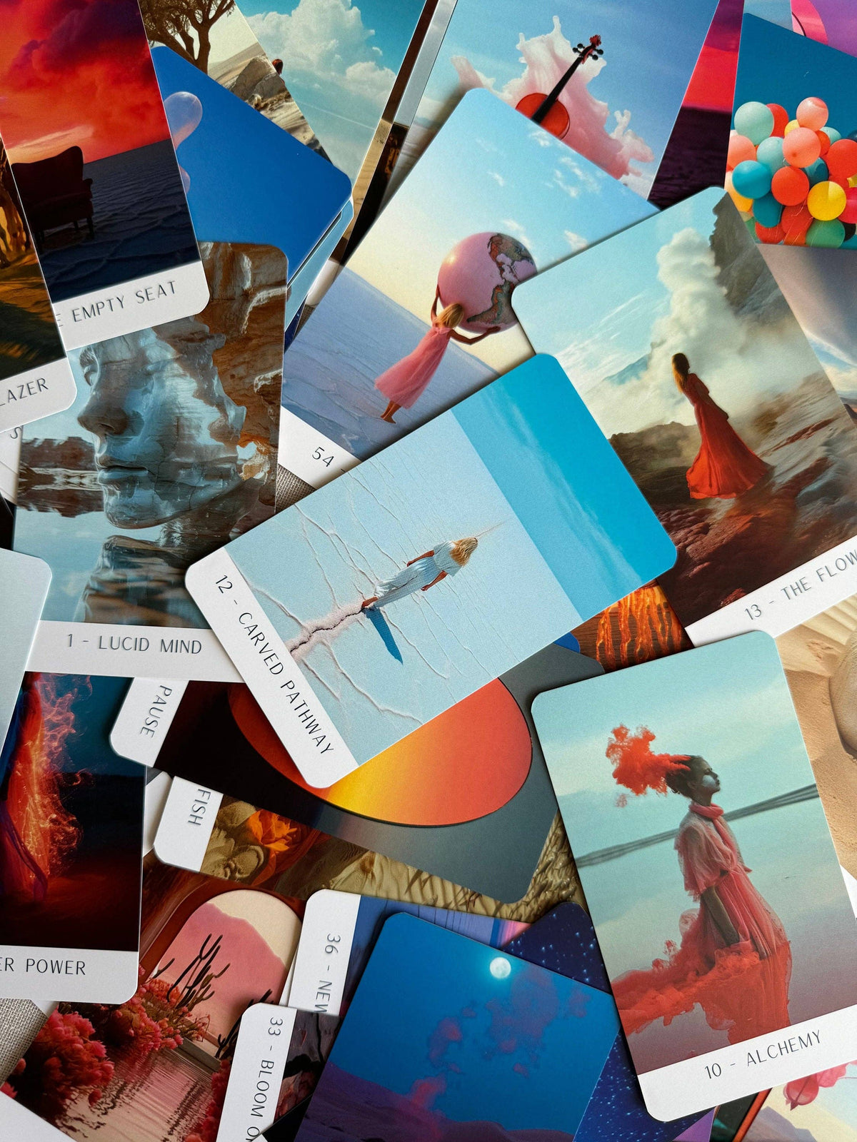 A scattered arrangement of illustrated oracle or tarot-style cards showing colorful fantasy scenes, including a red dress, a pink balloon, a violin, balloons, a face profile, and card titles such as Empty Seat, Lucid Mind, and Alchemy.