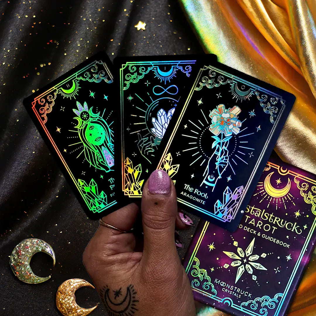 Mini Crystalstruck Tarot Gold Edition pocket tarot deck with gold holographic details.