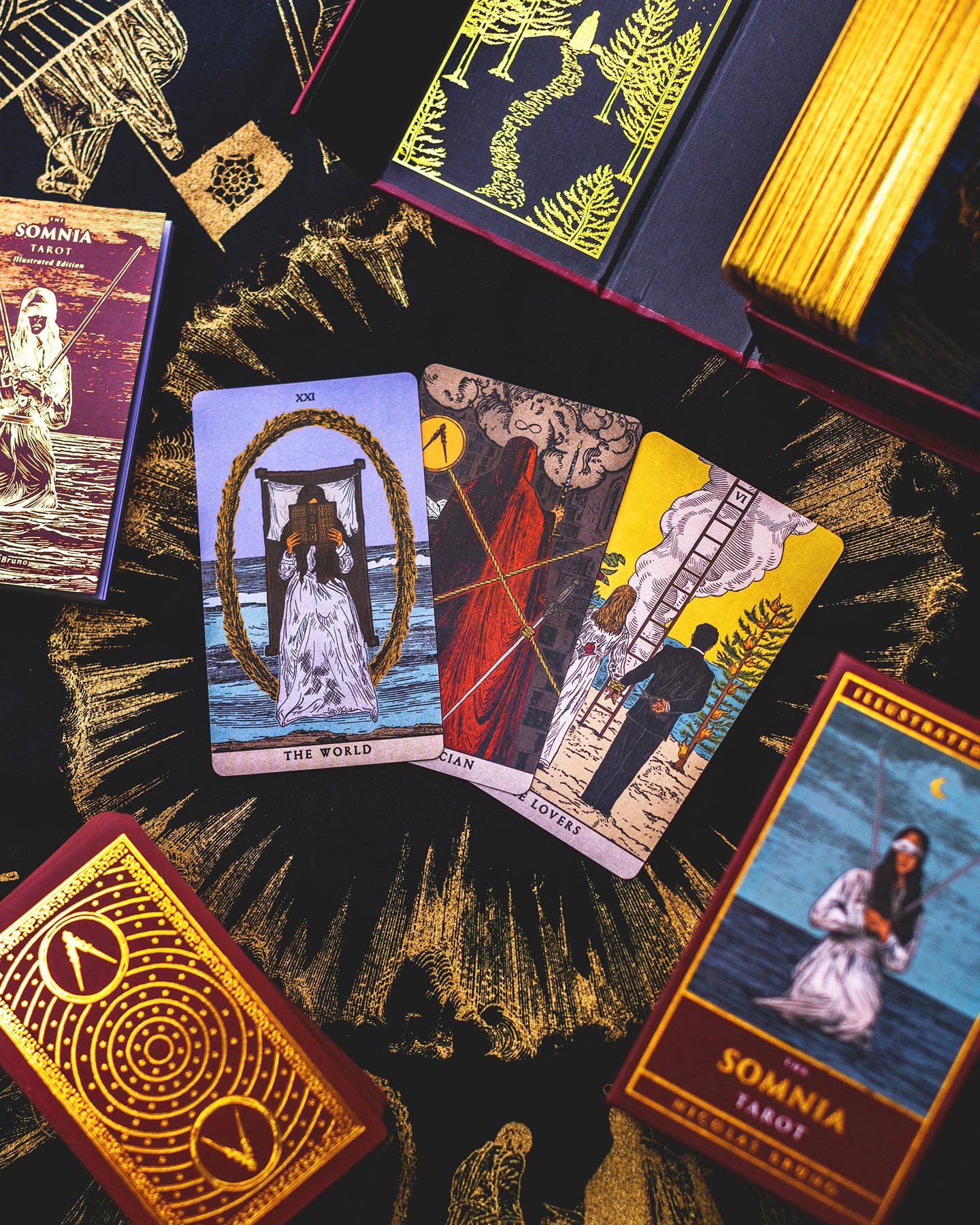 Collection of tarot cards with intricate designs on a dark background
