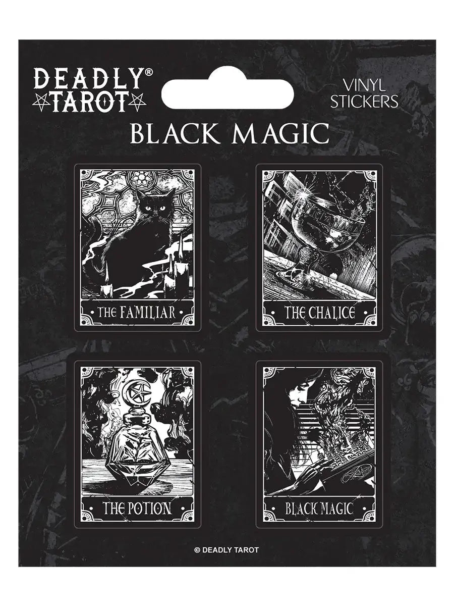 Packaging of Deadly Tarot vinyl stickers featuring black and white illustrations.