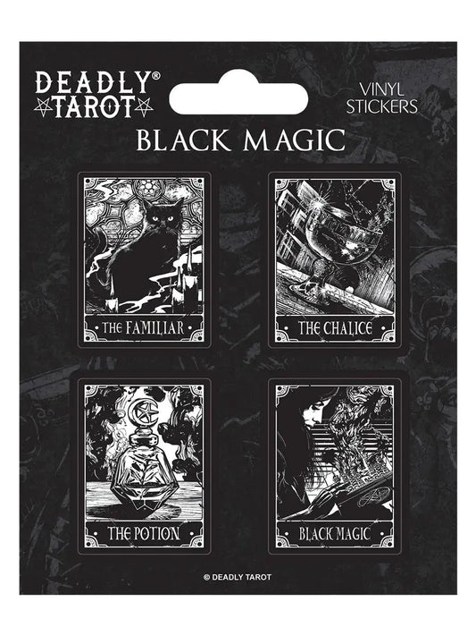 Packaging of Deadly Tarot vinyl stickers featuring black and white illustrations.