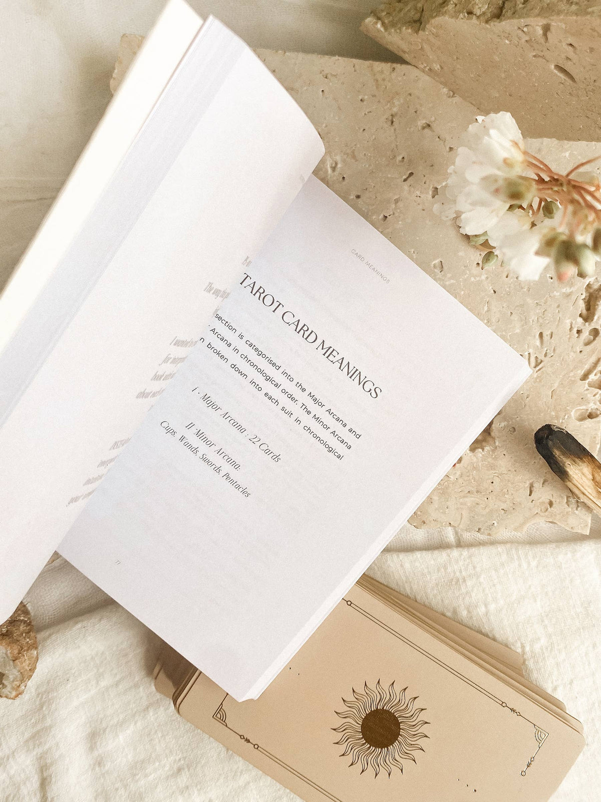 An open book or booklet showing a page titled 'TAROT CARD MEANINGS' laid on a light fabric surface, with a beige tarot card deck box underneath and dried flowers nearby. Lucid Dreams Beginner's Tarot Beige Edition IV by ST. SOLEIL with gold foil cards, matte gold edges and guidebook