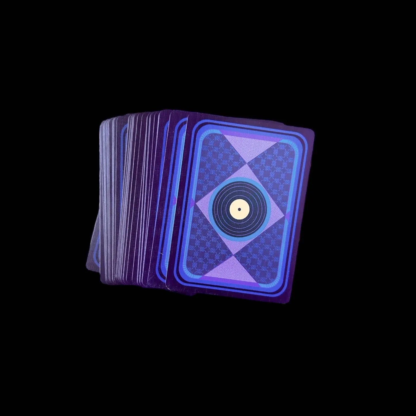 Set of playing cards with a purple and blue design on a black background