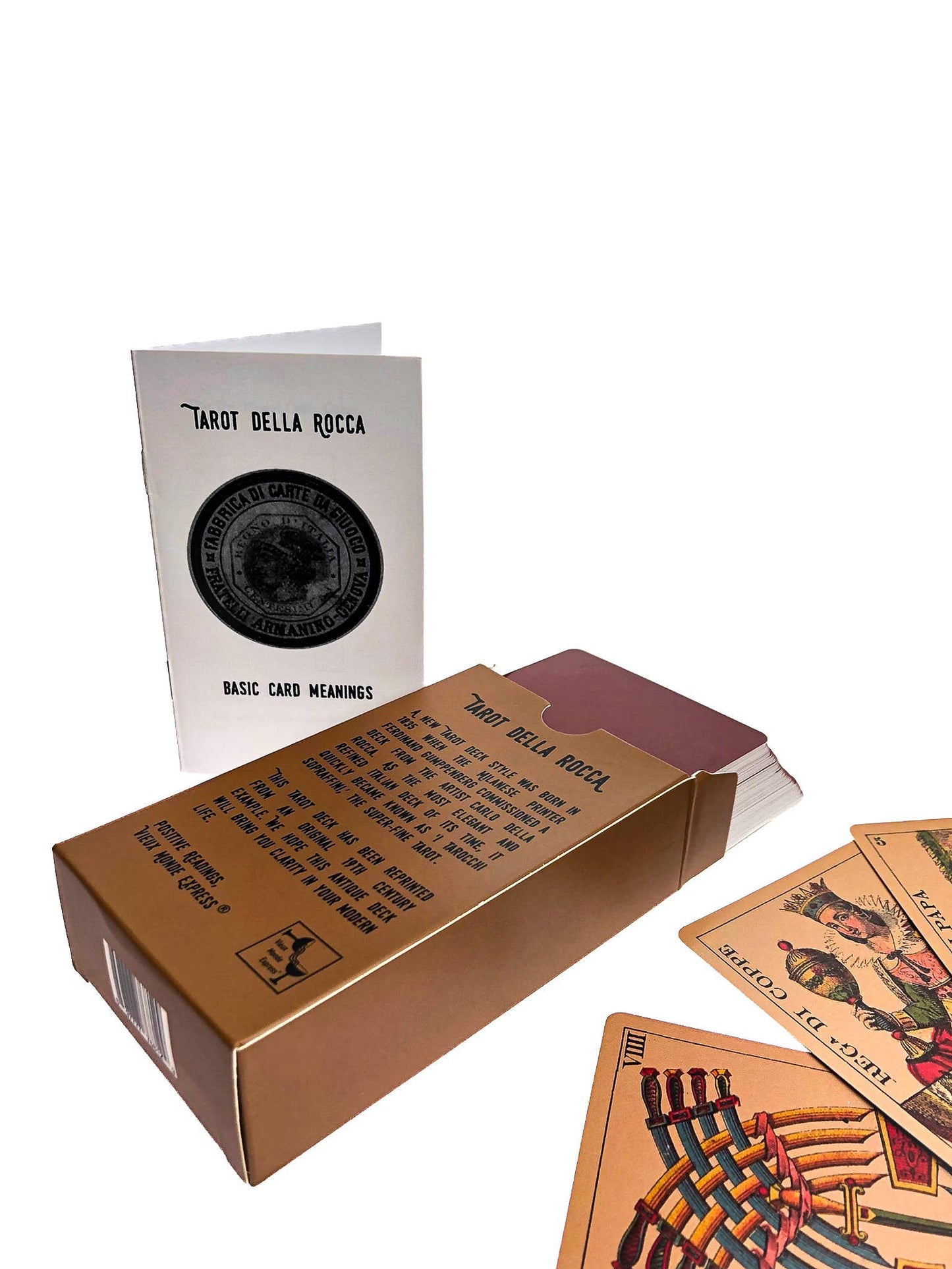 Tarot cards with a cardboard box and leaflet on a white background Tarot Della Rocca historical Italian tarot deck based on Carlo Della Rocca's nineteenth-century Tarocco Sopraffino with 78 beautifully engraved cards and companion guide.