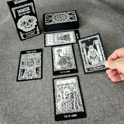 Darkside Skeleton Tarot deck with black and white skeletal tarot card artwork