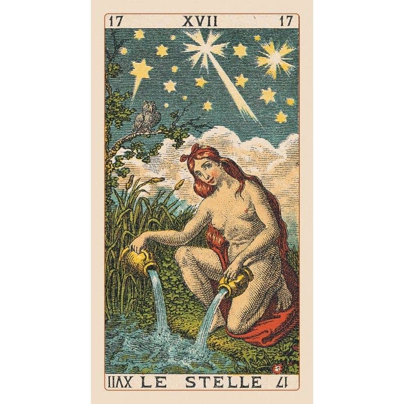 Vintage-style tarot card with a woman by a stream and stars in the sky.