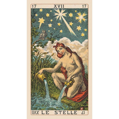 Vintage-style tarot card with a woman by a stream and stars in the sky.
