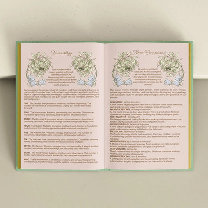 Open book with astrological or numerological text and illustrations on a neutral background Tarot Journal Bouchette and Co Oneness Emporium
