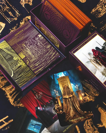 Decorative boxes with intricate designs and text, likely from a themed collection.