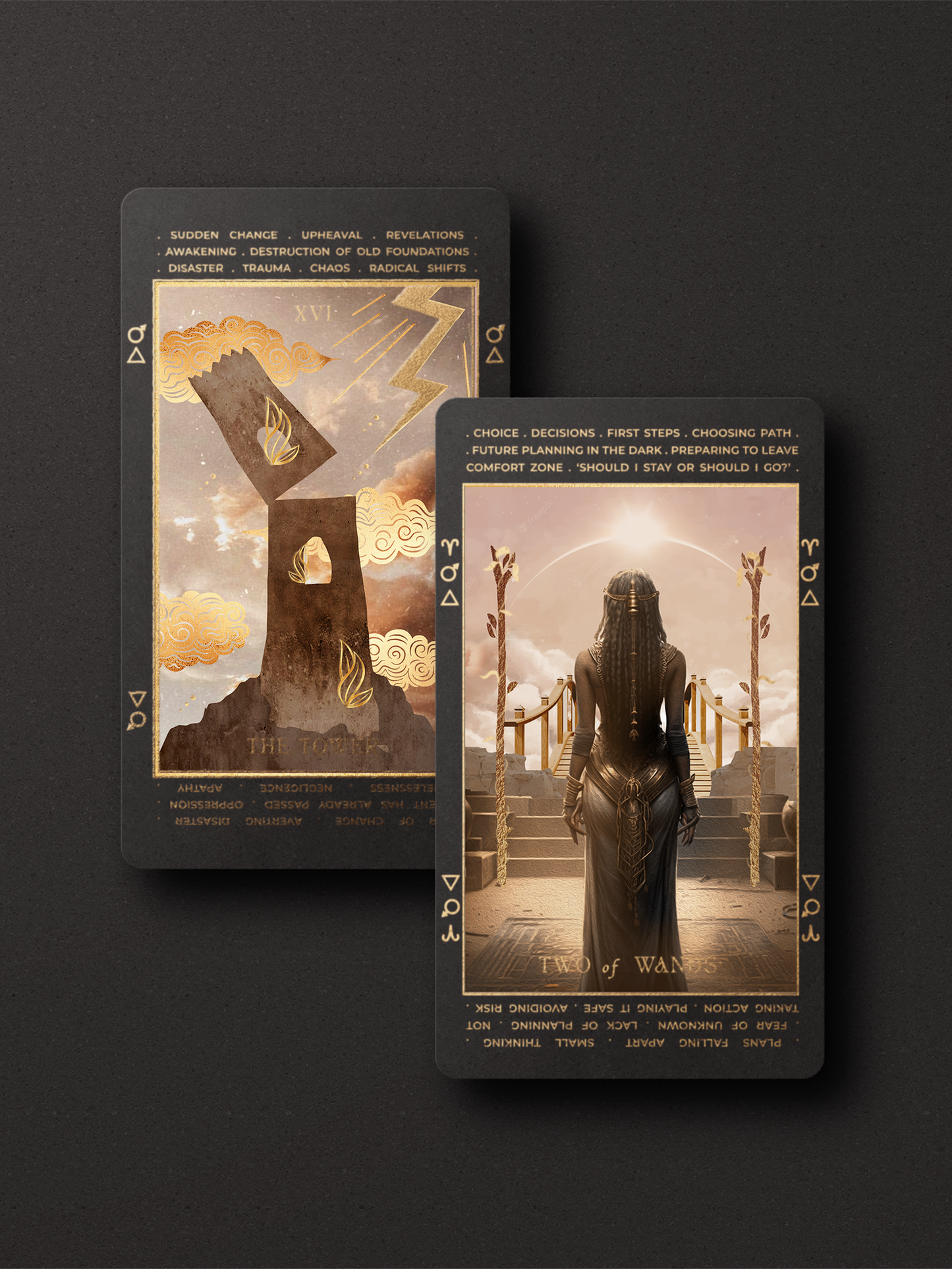 Two tarot cards from the Wildlands deck displayed on a dark textured background. One card shows the back with a dark stone structure and golden clouds, and the other shows the front with a dark figure in a desert landscape under a glowing sun, labeled 'Two of Wands'.