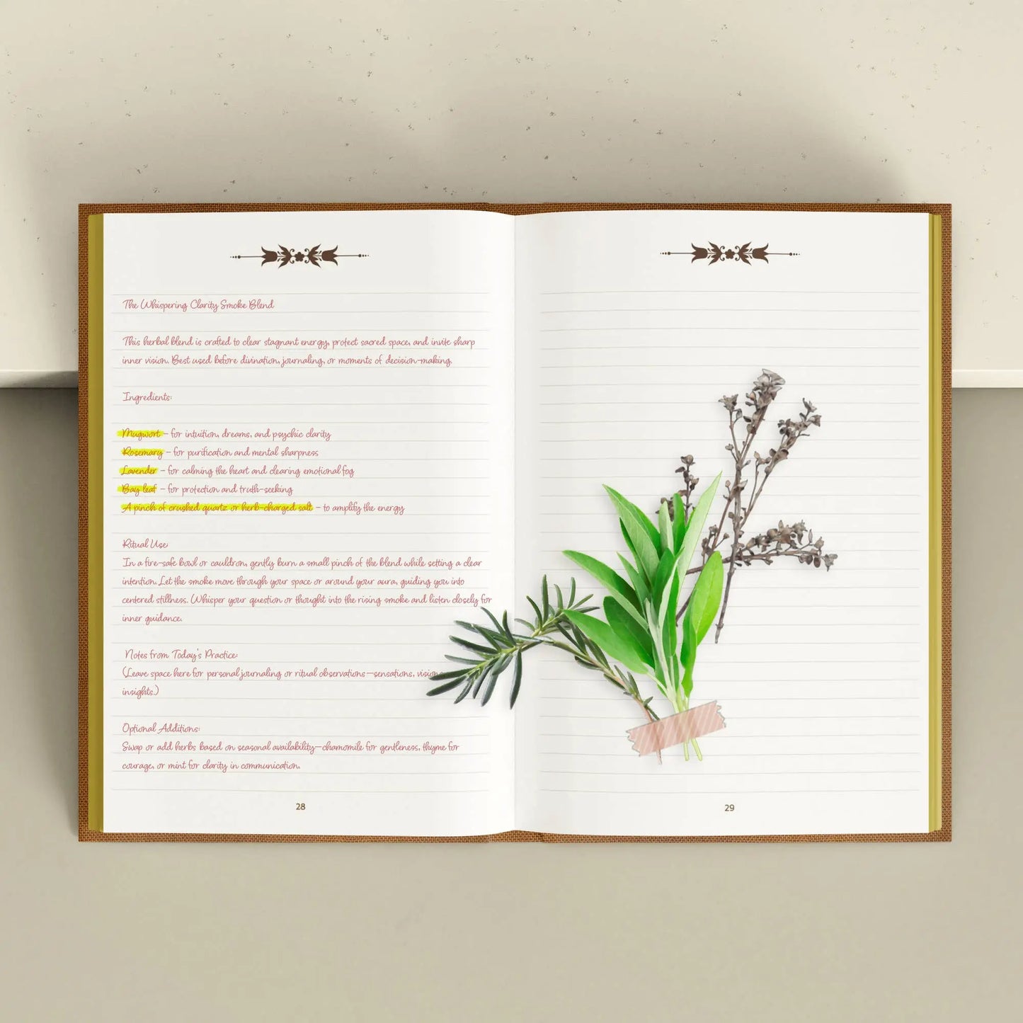 Open book with herbal illustration and text on a light background Grimoire Bouchette and Co Oneness Emporium