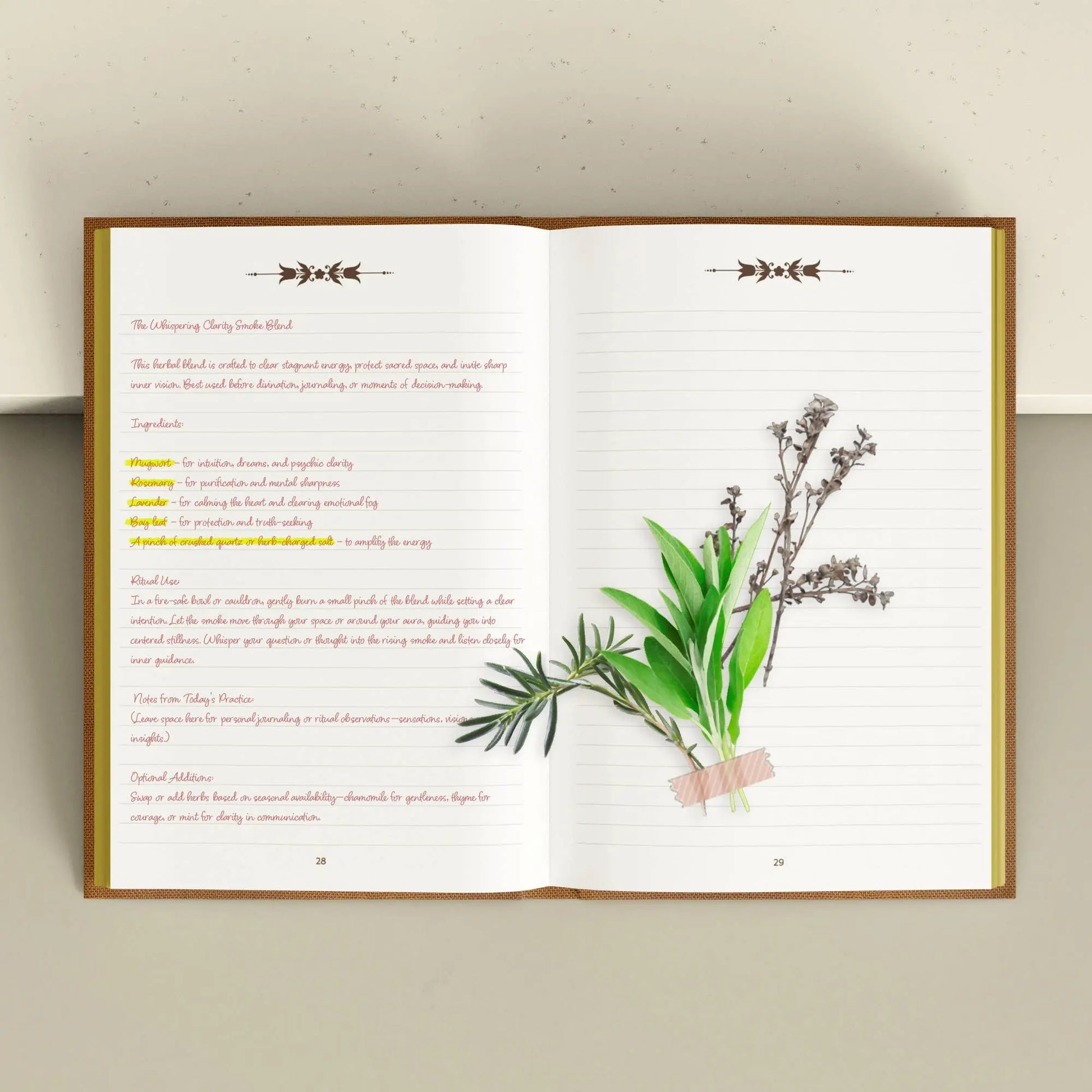 Open book with herbal illustration and text on a light background Grimoire Bouchette and Co Oneness Emporium