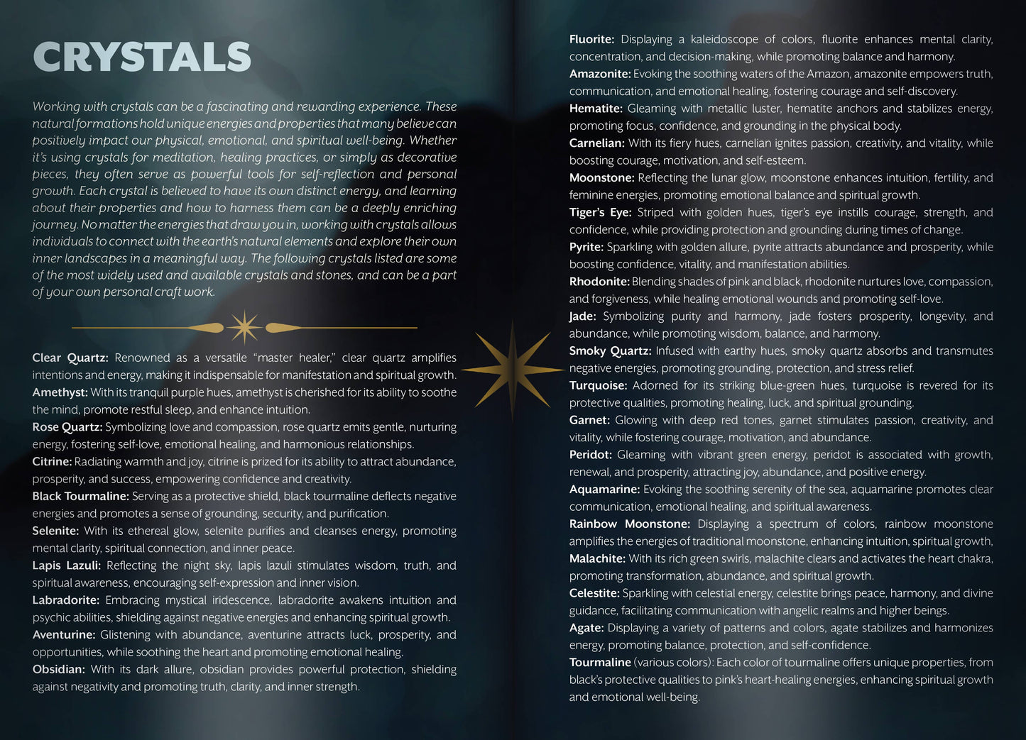 Text about crystals with a star graphic on a dark background