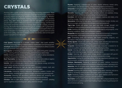 Text about crystals with a star graphic on a dark background