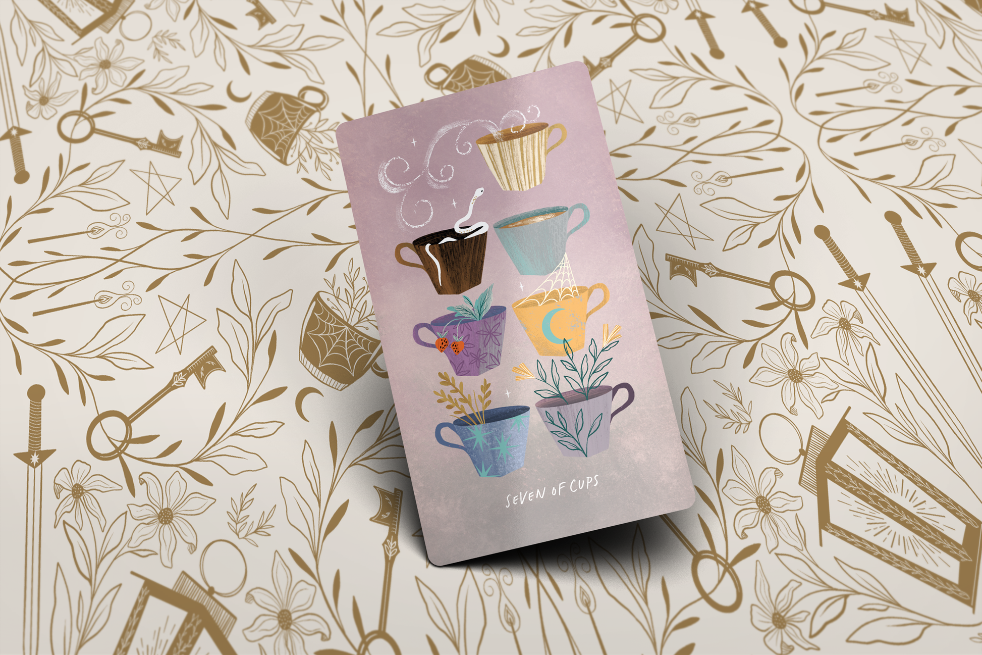 tarot card seven of wands  with colorful coffee cup illustrations on a decorative background
