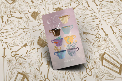 tarot card seven of wands  with colorful coffee cup illustrations on a decorative background