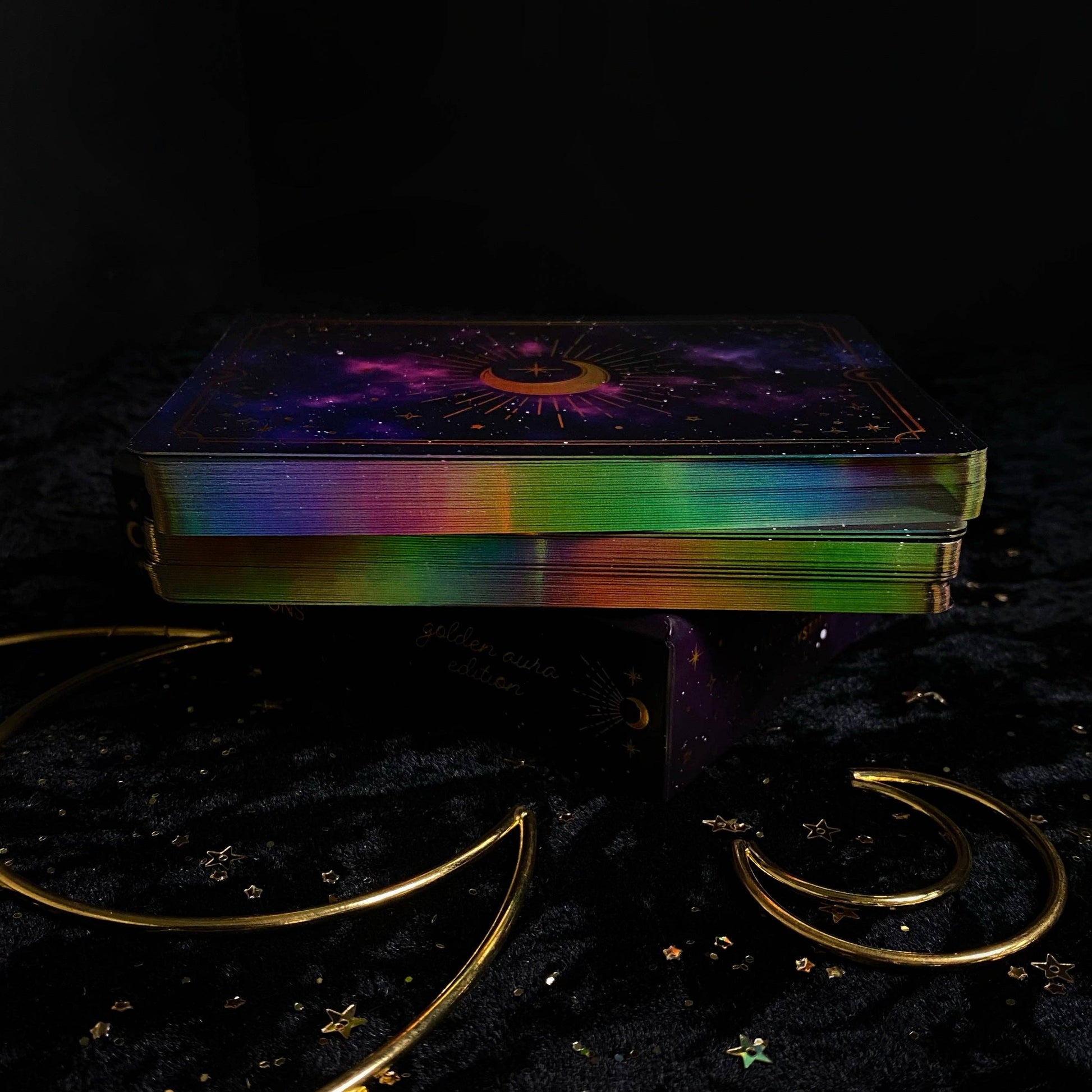 Colorful deck of cards with starry night design on a dark background Gold Crystal Affirmations Golden Aura Edition featuring luxury affirmation cards inspired by crystal wisdom, mindfulness, and positive daily intentions.
