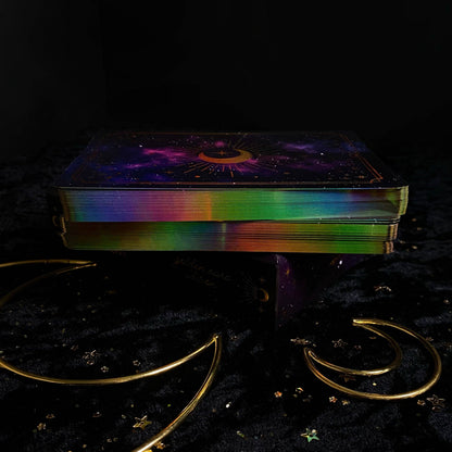 Colorful deck of cards with starry night design on a dark background Gold Crystal Affirmations Golden Aura Edition featuring luxury affirmation cards inspired by crystal wisdom, mindfulness, and positive daily intentions.