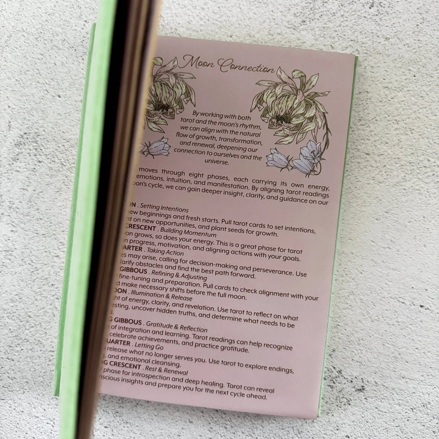 Card with moon phase information and illustrations on a textured surface Tarot Journal Bouchette and Co Oneness Emporium