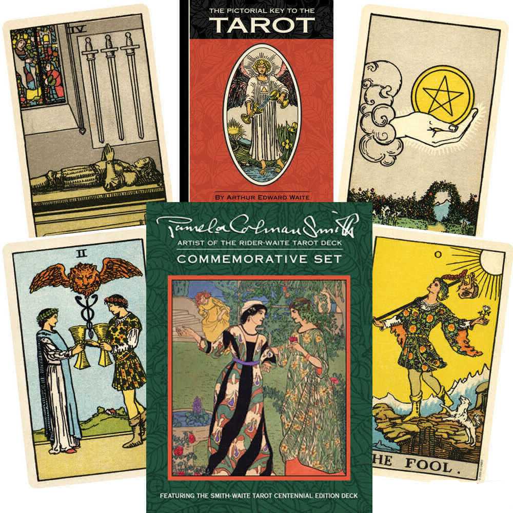 Collection of tarot cards and a book titled 'The Pictorial Key to the Tarot' by Arthur Edward Waite.