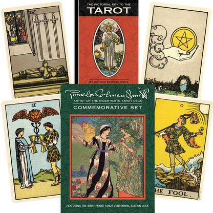 Collection of tarot cards and a book titled 'The Pictorial Key to the Tarot' by Arthur Edward Waite.