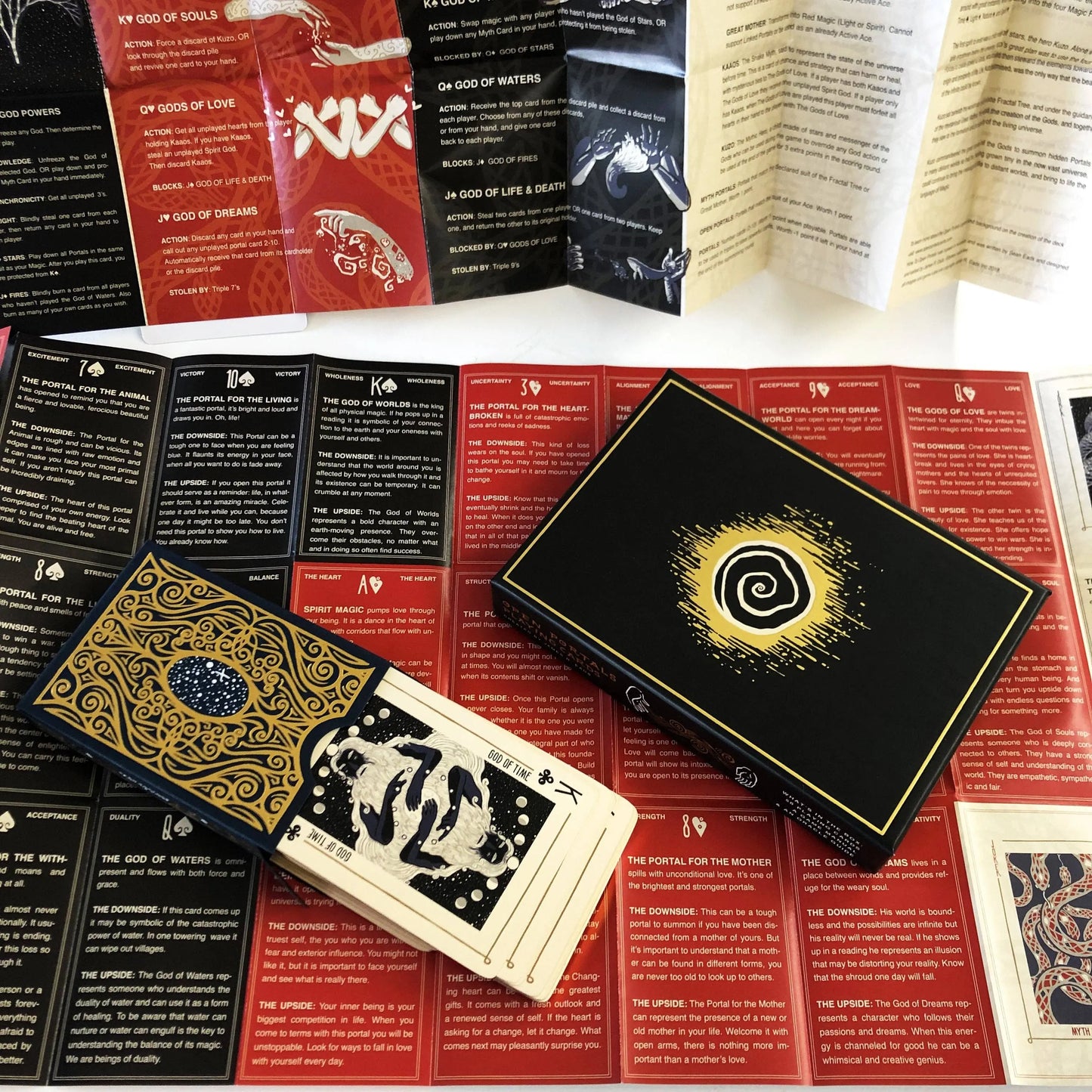 Collection of playing cards with intricate designs on a red and black patterned surface.