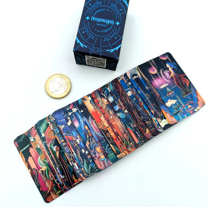 Set of tarot cards with a coin on a white background dreamscapes tarot pocket editon