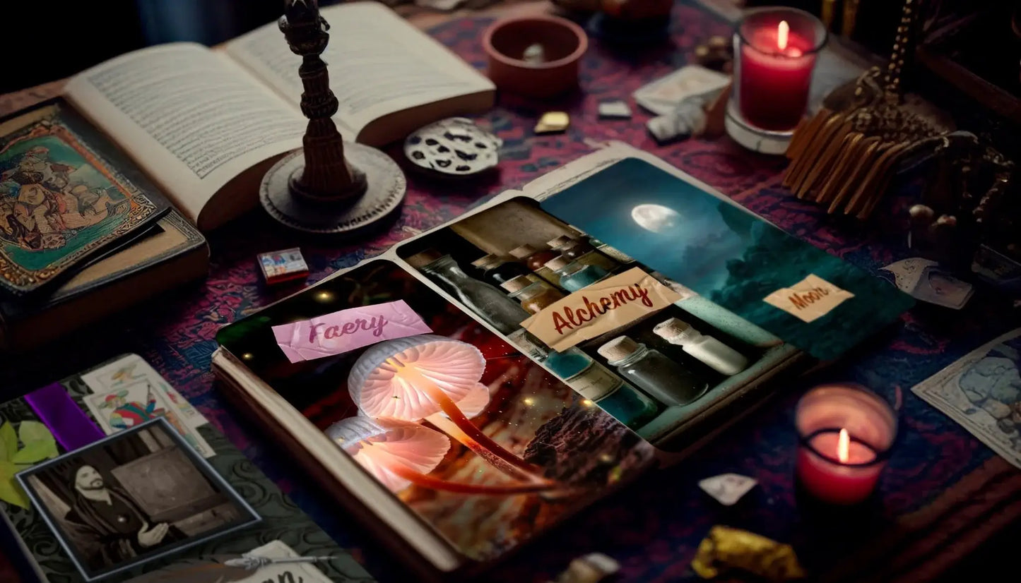 Tabletop with tarot cards, candles, and books on a mystical theme